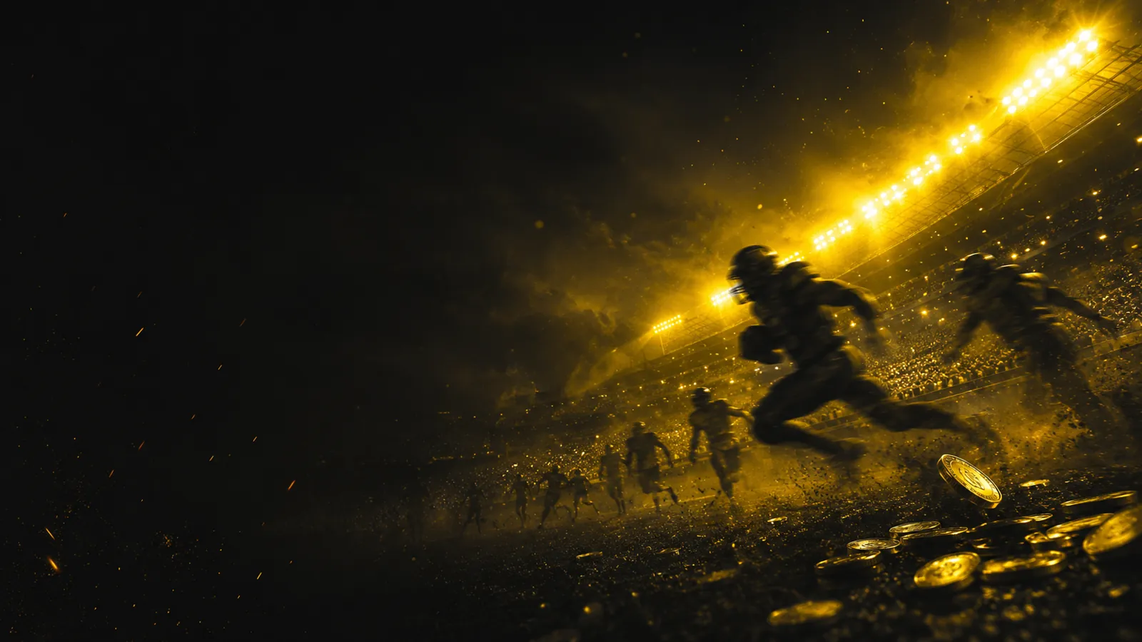 US football player under stadium floodlights with gold coins — offshore sports betting