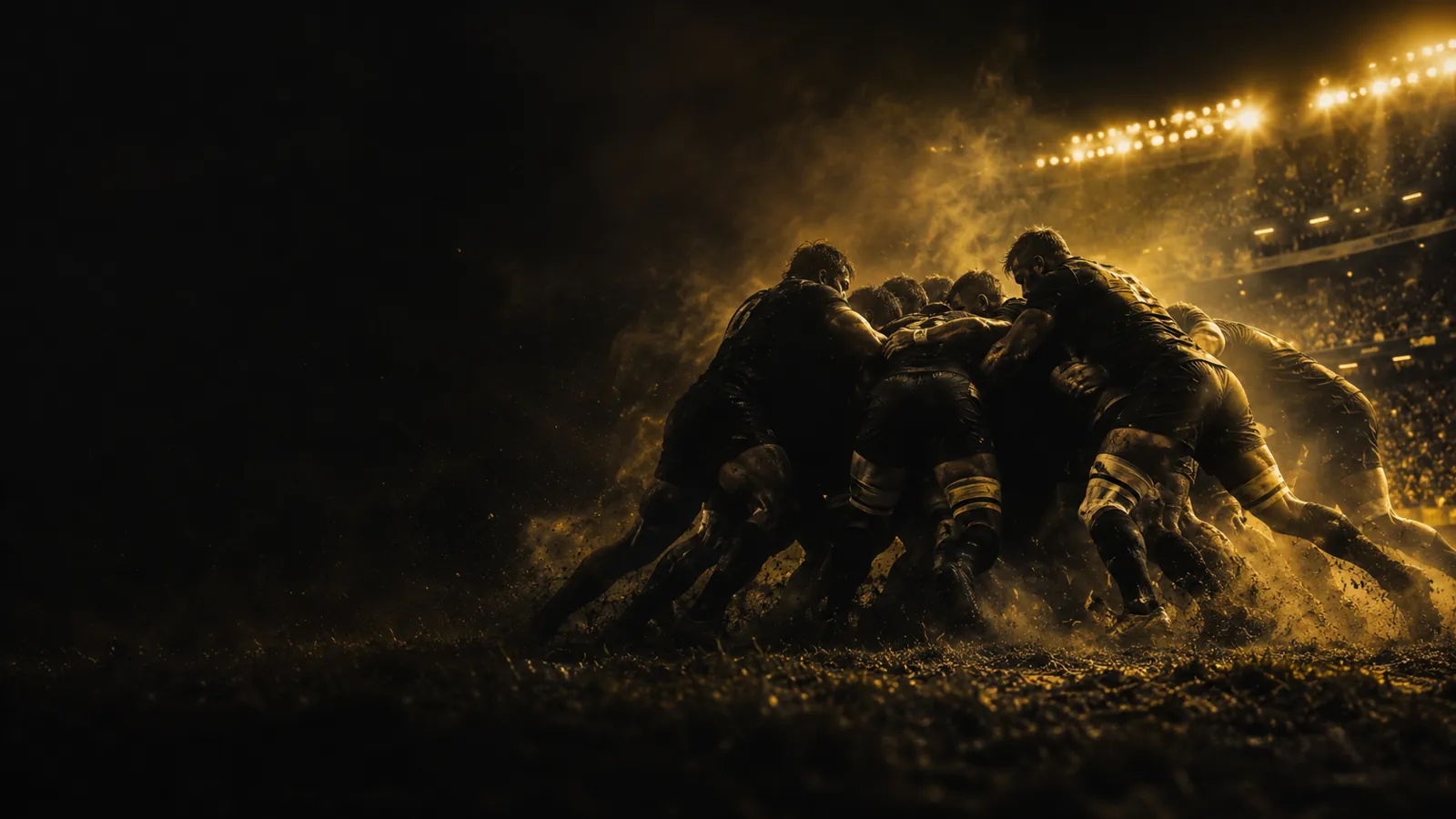Rugby scrum lit by stadium floodlights in gold and black — rugby betting